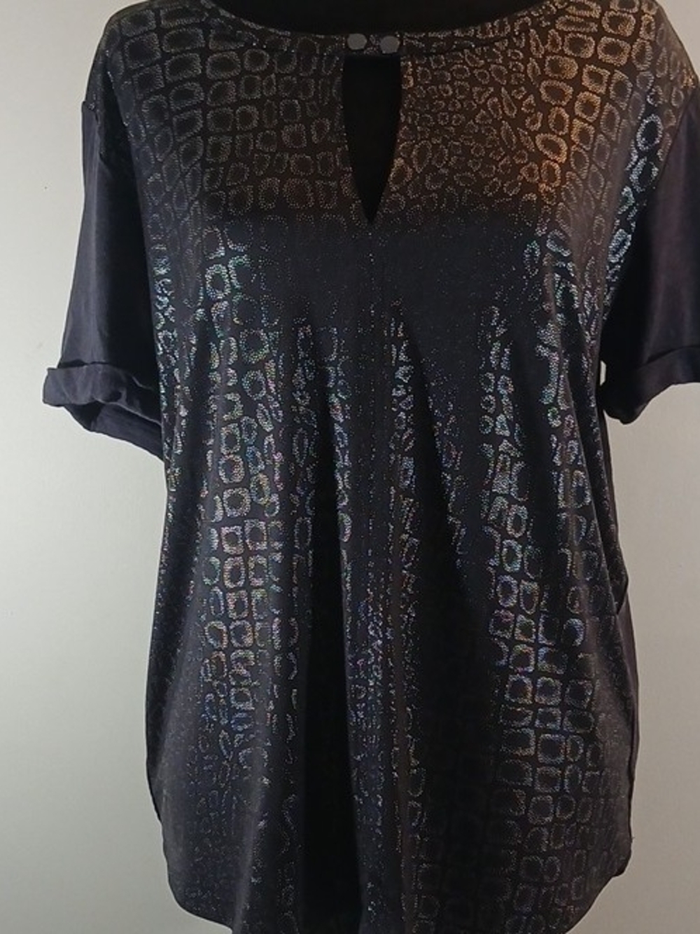 Calvin Klein Women’s Grey and Metalic Animal Print Keyhole Blouse